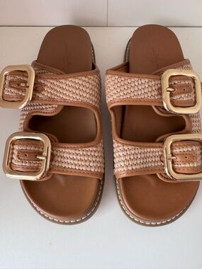 Universal Thread Woven Double-Buckle Slide Sandals in Tan and Cream